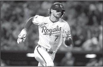 Bobby Witt Jr. of the Kansas City Royals runs out an RBI double in the fifth inning against the Toronto Blue Jays at Kauffman Stadium on Tuesday, April 23, 2024, in Kansas City, Missouri. Ed Zurga | Getty Images | TNS