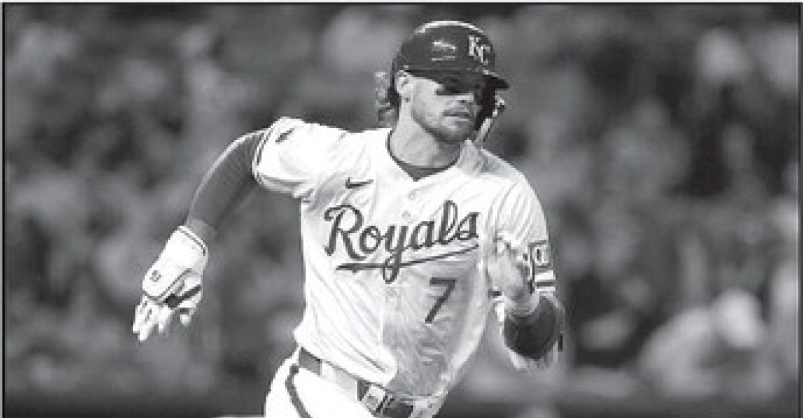 Bobby Witt Jr. of the Kansas City Royals runs out an RBI double in the fifth inning against the Toronto Blue Jays at Kauffman Stadium on Tuesday, April 23, 2024, in Kansas City, Missouri. Ed Zurga | Getty Images | TNS